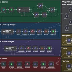 May include: A diagram illustrating a workflow with interconnected nodes and text labels. Sections include "Create Scenes," "Create Close-up Images," "Create Winner Images," and "Render Video." Output options include Instagram, TikTok, and YouTube.