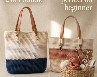 Crochet Tote Bag Pattern Bundle | Beginner Macrame Cord Market Bag Tutorial (PDF Download)