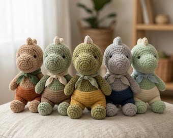 Handmade Crochet Dinosaur Plush Toy, Chenille Amigurumi Dino with Shorts, Nursery Decor