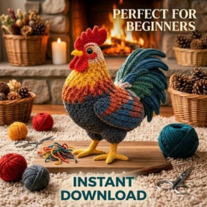 May include: A colorful crochet rooster stands on a wooden board, with the text "INSTANT DOWNLOAD" at the bottom. The rooster features red, yellow, orange, blue, and gray yarn. The background includes yarn balls, scissors, and the text "PERFECT FOR BEGINNERS".