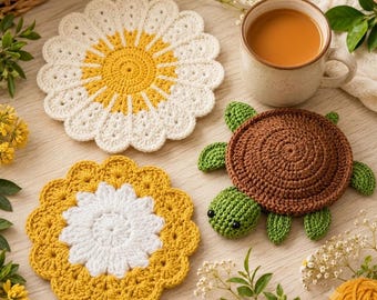 Paquete de patrones de posavasos de ganchillo, flor, margarita, tortuga amigurumi, decoración de ganchillo fácil, ideas para regalos, posavasos DIY, conjunto de patrones de ganchillo