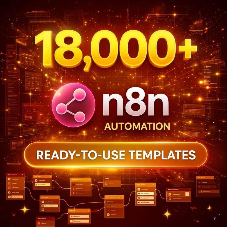 May include: A digital graphic with the text "18,000+" in gold, above a pink and white logo and the words "n8n AUTOMATION." Below, a banner reads "READY-TO-USE TEMPLATES." The background is a network of orange and yellow lines.