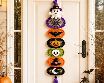 Patrón de decoración colgante de ganchillo para Halloween en PDF, guirnalda de Halloween de 60 cm, patrón de ganchillo de fantasma, telaraña, calabaza, calavera y sombrero de bruja.
