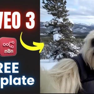 May include: Image features the Google logo, the text "VEO 3", and a red square with the letters "n8n". A yellow arrow points to a smiling yeti in a snowy mountain landscape. The text "FREE Template" is also visible.