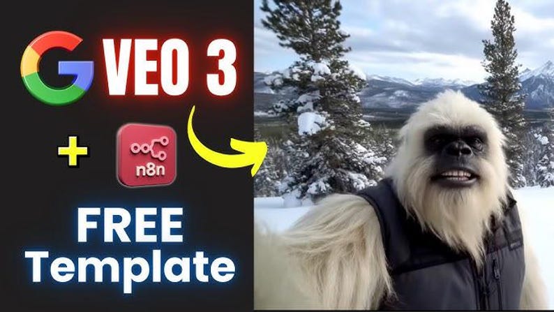 May include: Image features the Google logo, the text "VEO 3", and a red square with the letters "n8n". A yellow arrow points to a smiling yeti in a snowy mountain landscape. The text "FREE Template" is also visible.