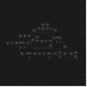May include: A diagram with a dark background features a network of interconnected nodes and lines. The nodes are various shapes and colors, with lines connecting them to form a complex visual representation of data flow or a process.