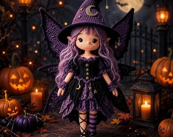 Patrón de ganchillo en PDF para hada bruja de Halloween, patrón de muñeca bruja amigurumi, muñeca hada gótica, decoración witchcore, descarga instantánea.