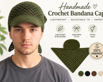 Gorro tipo bandana de ganchillo con visera, pañuelo para la cabeza hecho a mano, con cierre ajustable (patrón en PDF)
