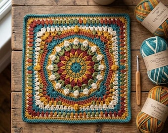 Patrón de cuadrado de crochet decorativo de 30 cm / Cuadrado de abuela para principiantes (Descarga PDF)