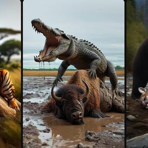 May include: A triptych of wildlife scenes. A tiger with orange and black stripes over a lion. A crocodile with an open mouth over a bison. A black bear over a cougar.