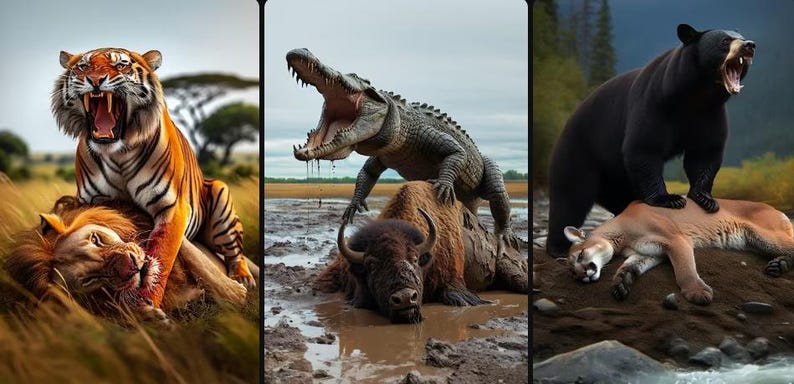 May include: A triptych of wildlife scenes. A tiger with orange and black stripes over a lion. A crocodile with an open mouth over a bison. A black bear over a cougar.