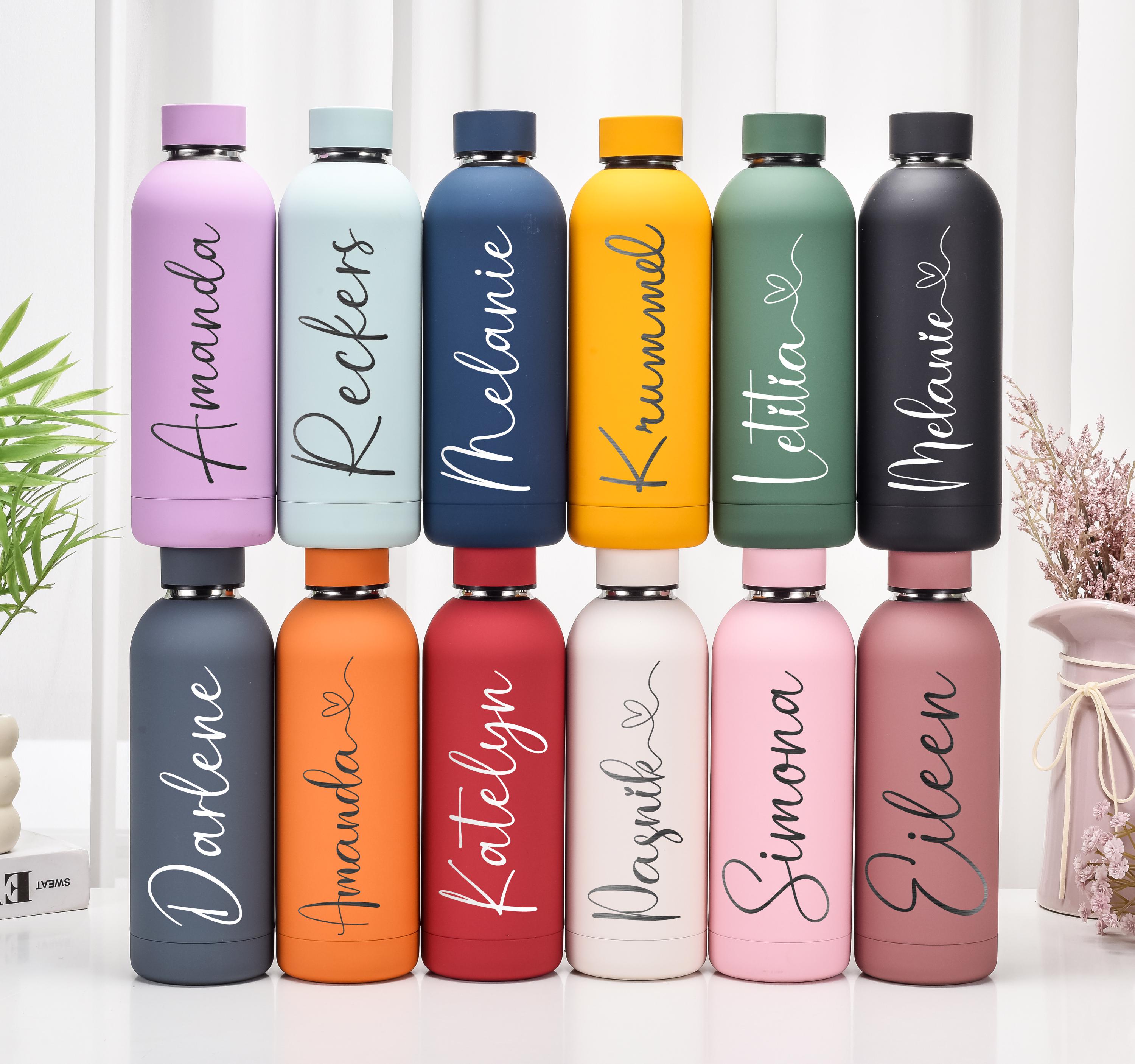 FunnyGuys Bottiglia personalizzata con incisione su doppia parete, per bambini, damigella d'onore, amici, insegnanti, allenatori, in acciaio inossidabile, 500 ml, legno