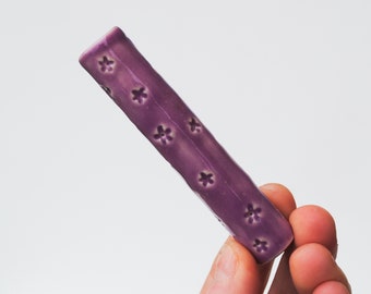 Ceramic Pipe Many Hitter Larger Stamped Flowers Pattern Purple Gloss on Porcelain