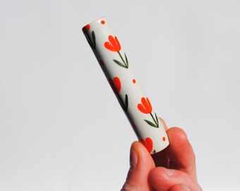 Ceramic Pipe Many Hitter Larger Hand Painted Tulip Flowers on Matte White Porcelain