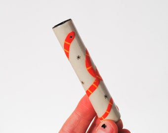 Ceramic Pipe Many Hitter Larger Hand Painted Snake and Stars Porcelain