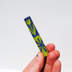 Ceramic Pipe One Hitter Green Shapes and Flowers on Blue Porcelain