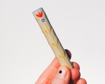 Chillum Ceramic Pipe One Hitter Stamped Textured Colorful Flowers on White Porcelain