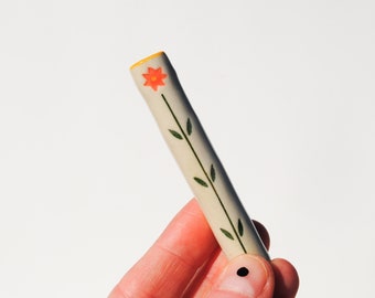 Chillum Ceramic Pipe One Hitter Stamped Textured Colorful Flowers on White Porcelain