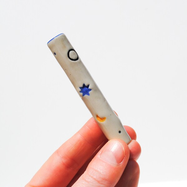 Chillum Ceramic Pipe One Hitter Porcelain Stamped Textured Space Shapes BLUE Tip