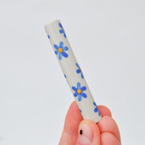 Ceramic Pipe One Hitter Chillum Blue Daisy Flowers Matte White