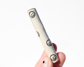 Chillum Ceramic Pipe One Hitter Porcelain Stamped Smiley Faces Black Textured