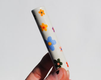 Ceramic Pipe Many Hitter Larger Rainbow Flowers on Matte White Glazed Porcelain