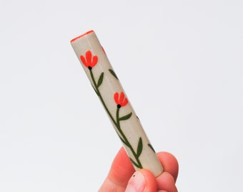 Ceramic Pipe One Hitter Red Orange Vines and Flowers on White Porcelain