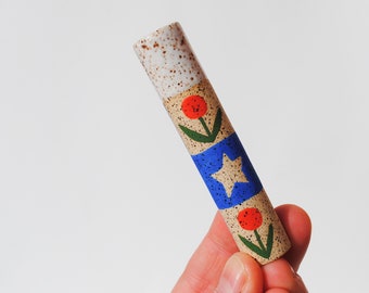 Ceramic Pipe Many Hitter Larger Hand Painted Quilt Pattern Flowers Stars Speckled Stoneware