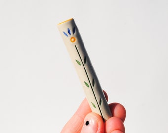 Chillum Ceramic Pipe One Hitter Stamped Textured Colorful Flowers on White Porcelain