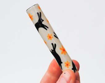 Ceramic Pipe Many Hitter Larger Hand Painted Bunnies and Flowers on Porcelain