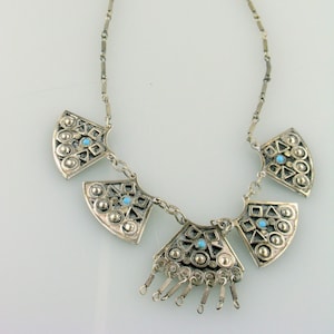 NOS Hand Crafted Silver Necklace w/ Turquoise Accents - Made in Israel