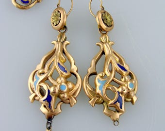 RARE 1800s Night and Day Italian 12K Gold Enamel Drop Earrings & Matching Stick Pin
