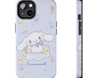 May include: A light blue phone case featuring a white Cinnamoroll character sitting on a cloud, surrounded by small yellow bears, pink hearts, and flowers. The text Cinnamoroll is printed in cursive below the character, with a side view shown.