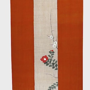Japanese Noren Door Curtain “Tsubaki & White Plum – 100% Premium linen noren | Wall Hanging 88×150cm Made in Kyoto