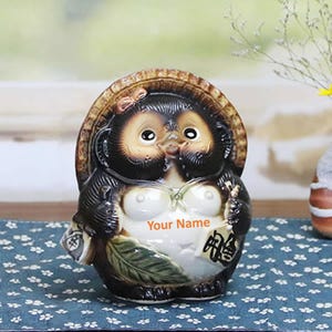 Tanuki Japanese raccoon statue – &quot;Female&quot; – Add a Name! Perfect for Housewarming and Special Gifts. Made in Japan.