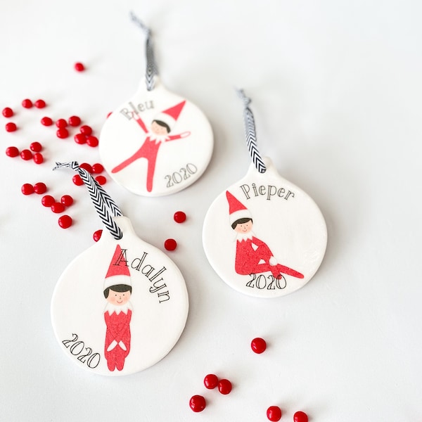 Personalized Elf On The Ornament - Custom Gift - Christmas Ornament - Kids Holiday Fun - Red Green or Pink