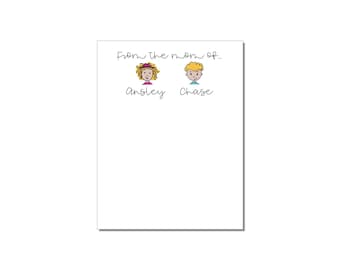 May include: A white card with the text "From the mom of..." and two cartoon faces, one with blonde hair and one with brown hair. The names "Ansley" and "Chase" are written below the faces.