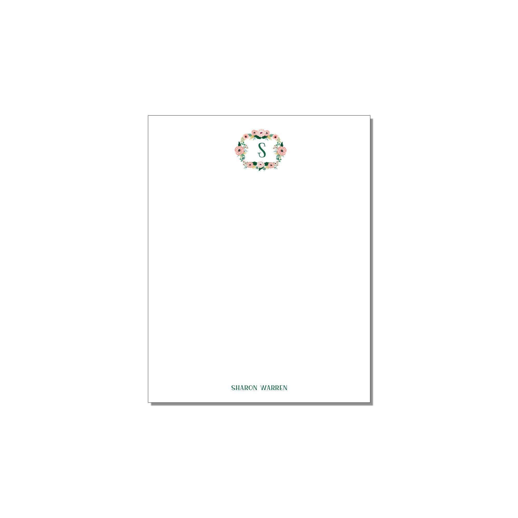 Monogram Floral Wreath Notepad Set - Personalized Stationery ...