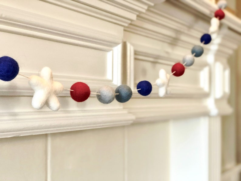 Patriotic Wool Felt Ball Garland Modern Boho Holiday Decor 4th of July Colors Fireplace Mantle Independence Day Decoration