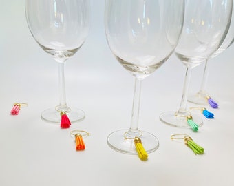 Tassel Wine Glass Charm Set - Hostess Gift - Wine Lover Present - Faux Rainbow Leather Tags - HaPinot Birthday - Rosé All Day - Sip Happens