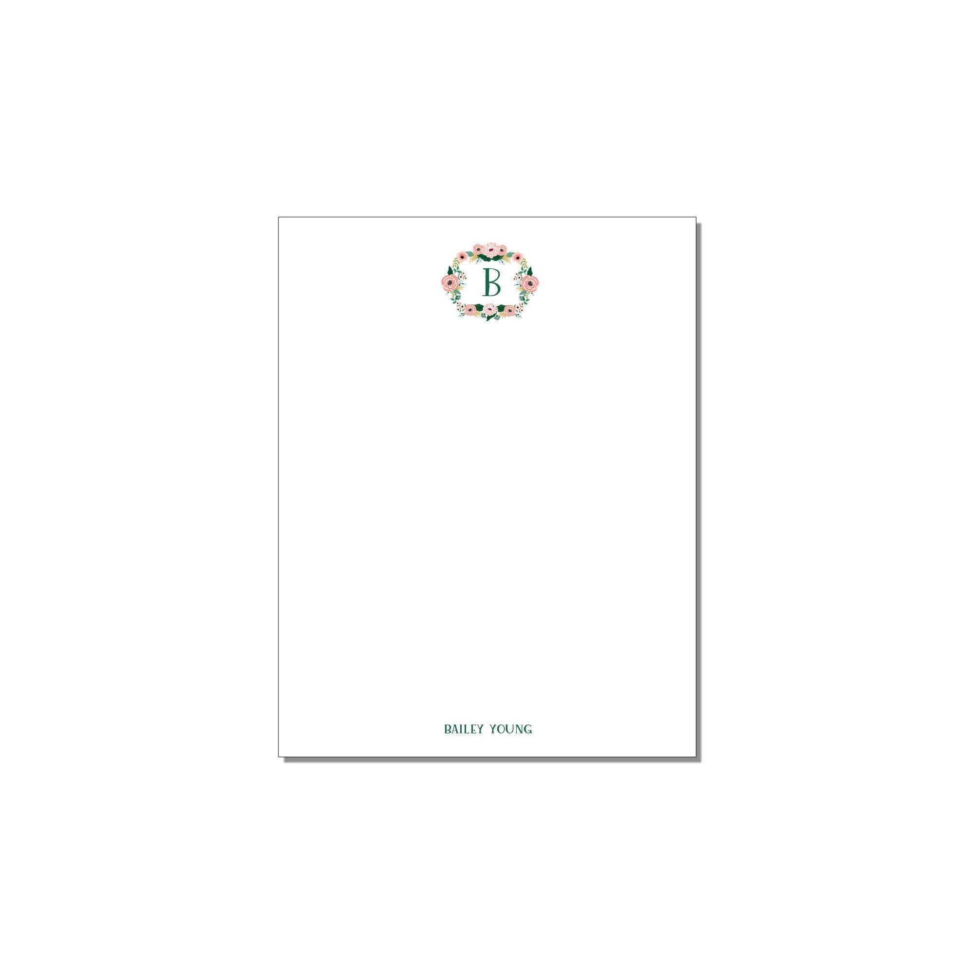 Monogram Floral Wreath Notepad - Personalized Stationery - Professional ...