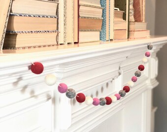 Lovely Wool Felt Ball Garland - Modern Boho Holiday Decor - Fireplace Mantle Valentines Decoration