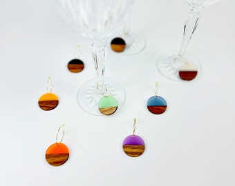 Resin Wood Disc Wine Glass Charm Set - Hostess Gift - Wine Lover Present - Circles on Gold Rings - Wood Disks - Rosé All Day - Sip Happens