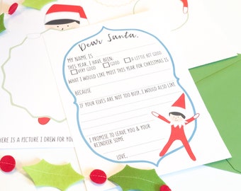 Elf On The Dear Santa Letter Set - Holiday Letter To Kris Kringle - Three Fill In The Blank Pages With Colored Envelope - Send To North Pole