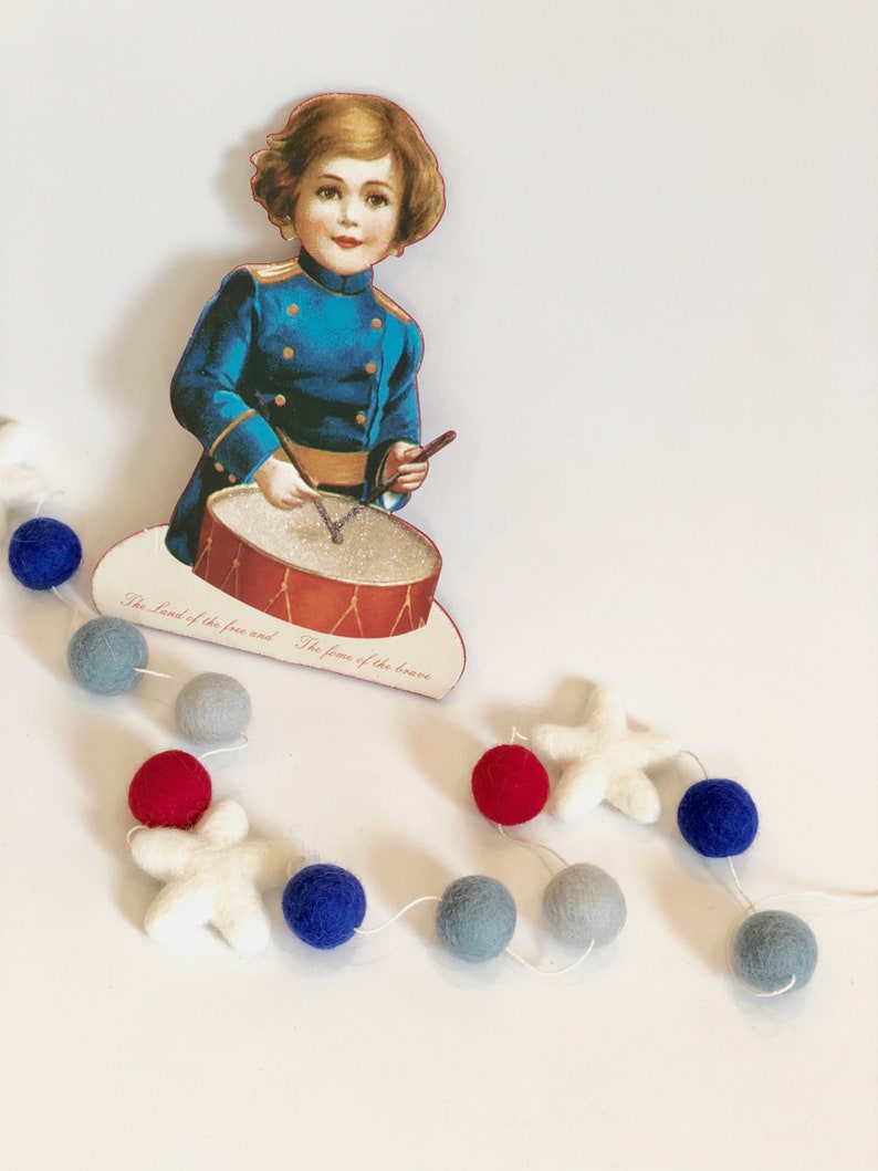 Patriotic Wool Felt Ball Garland Modern Boho Holiday Decor 4th of July Colors Fireplace Mantle Independence Day Decoration