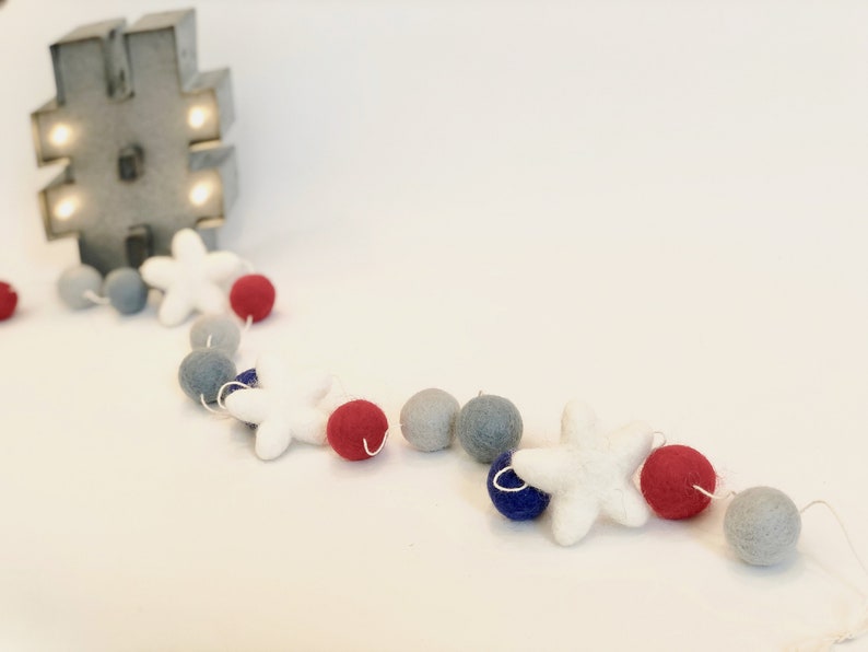 Patriotic Wool Felt Ball Garland Modern Boho Holiday Decor 4th of July Colors Fireplace Mantle Independence Day Decoration