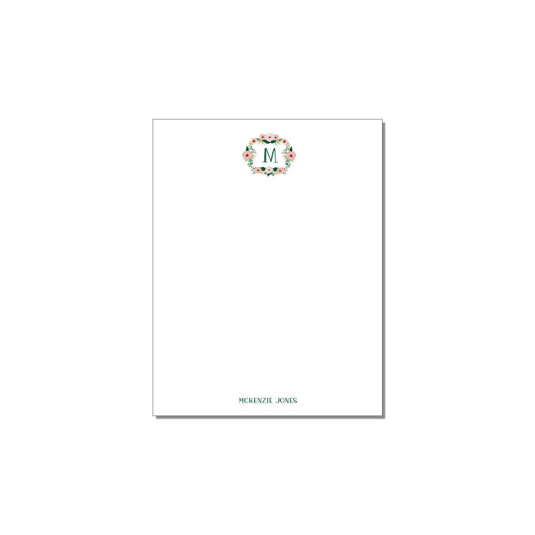 Monogram Floral Wreath Notepad - Personalized Stationery - Professional ...