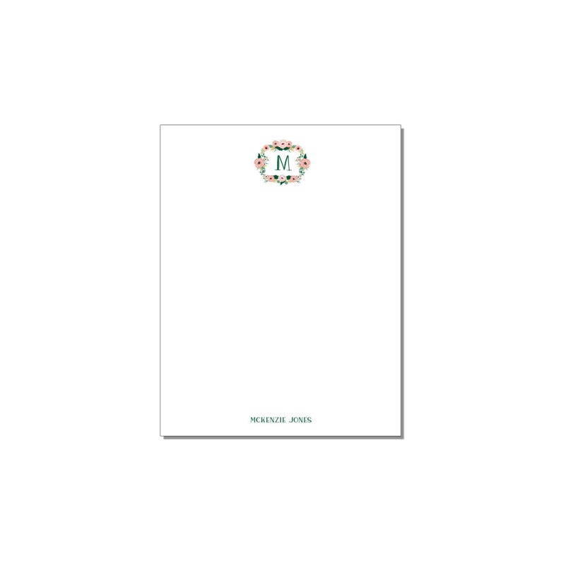 Monogram Floral Wreath Notepad - Personalized Stationery - Professional ...