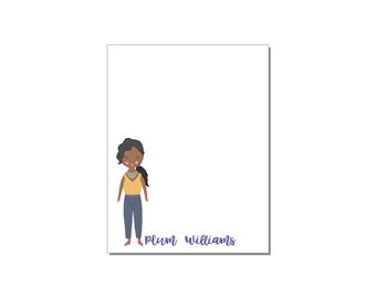 May include: A personalized stationery notecard featuring a cartoon illustration of a young girl with brown skin, black hair, and a yellow shirt. The text "Plum Williams" is printed in purple below the illustration.