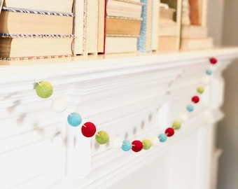 Merry Wool Felt Ball Garland - Modern Boho Holiday Decor - Fireplace Mantle Christmas Decoration